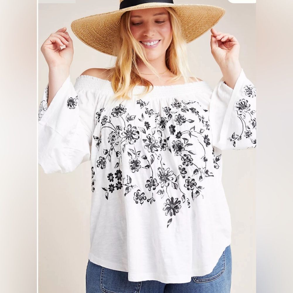 Anthropologie Annie Embroidered Off-The-Shoulder Blouse Floral Long Sleeve Top L